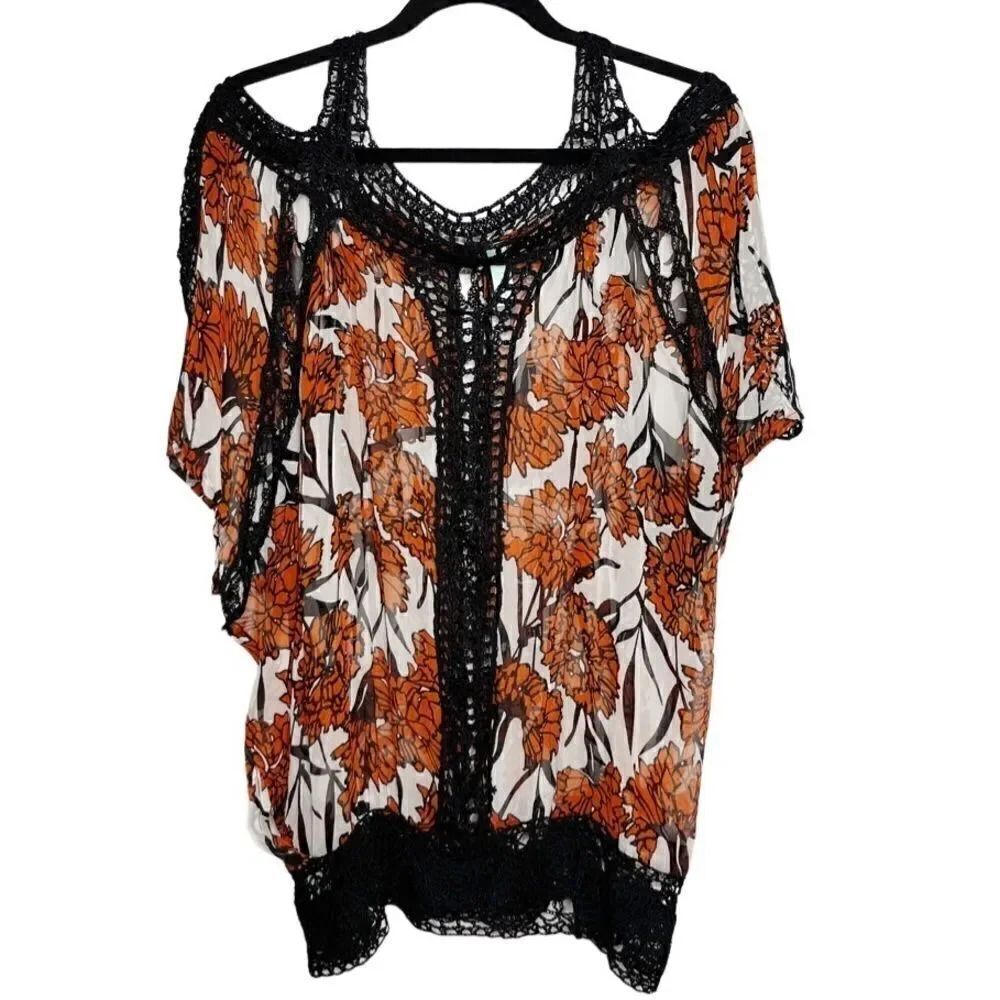 Jaloux SILK Cold Shoulder Floral Sheer Blouse Orange Black Size Medium